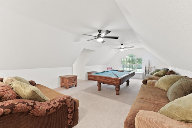 rec room featuring pool table, light colored carpet, and vaulted ceiling