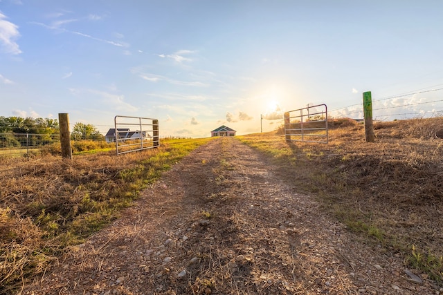 view of road featuring dirt driveway and a rural view