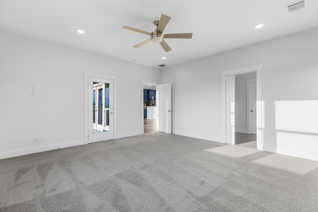 interior space with ceiling fan, visible vents, baseboards, and recessed lighting