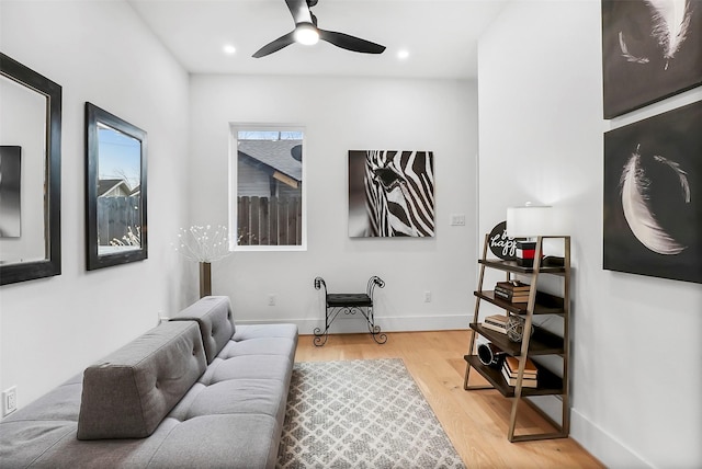 interior space with light hardwood / wood-style floors and ceiling fan