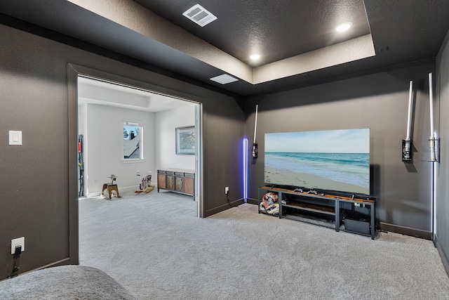 cinema room with light colored carpet, a raised ceiling, and a textured ceiling