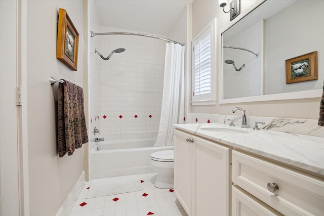 full bathroom featuring vanity, toilet, shower / tub combo, and tile patterned floors