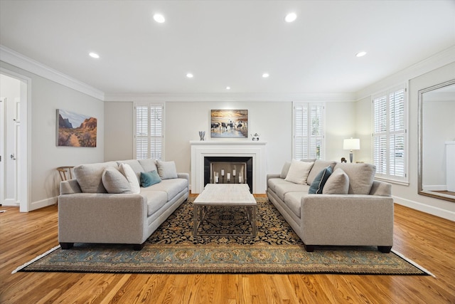 living room featuring crown molding, light wood-type flooring, and a wealth of natural light