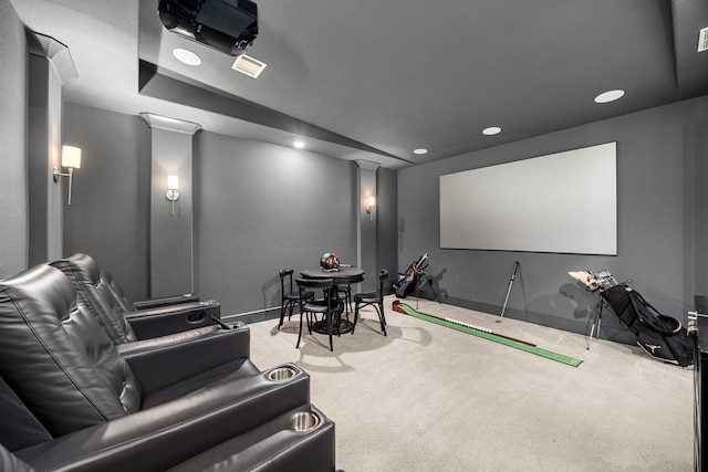 carpeted cinema room featuring visible vents, golf simulator, baseboards, and recessed lighting