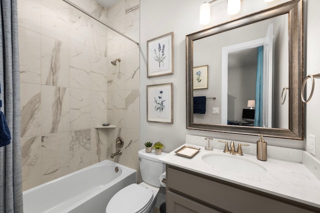 bathroom featuring shower / bath combination with curtain, vanity, and toilet