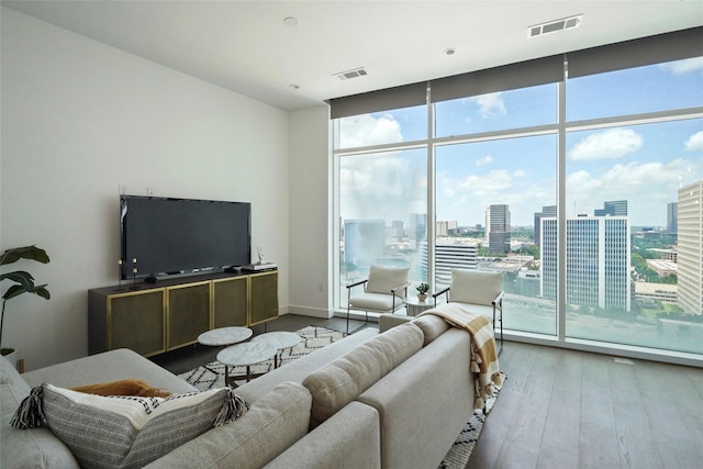 living room featuring hardwood / wood-style floors, plenty of natural light, and floor to ceiling windows