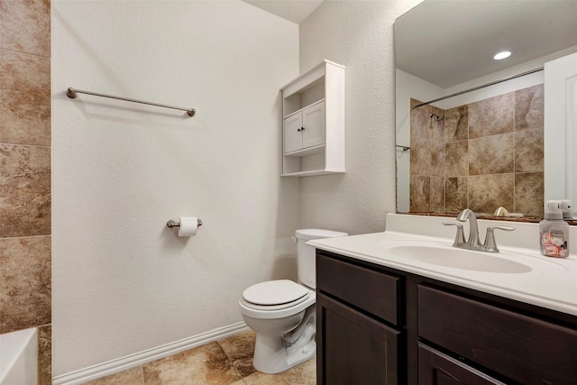 full bathroom with toilet, vanity, and tiled shower / bath combo