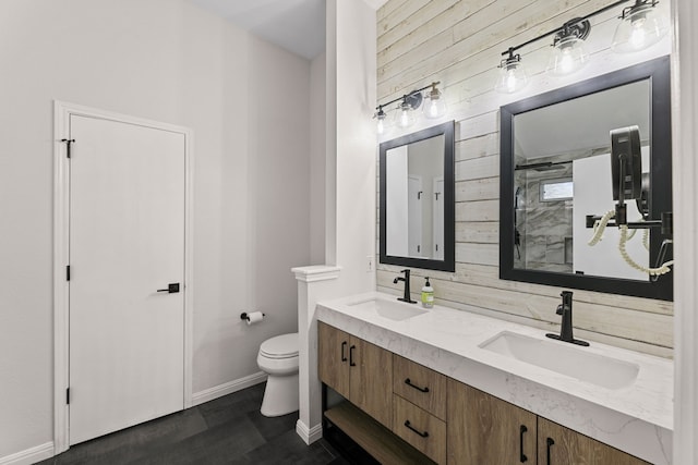 bathroom with hardwood / wood-style flooring, toilet, walk in shower, vanity, and wood walls