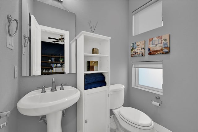 bathroom with sink, ceiling fan, and toilet