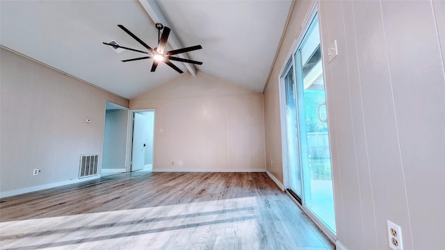 empty room featuring vaulted ceiling with beams, ceiling fan, and light wood-type flooring