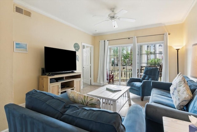 tiled living room featuring ceiling fan and ornamental molding