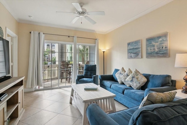 living room with ceiling fan, light tile patterned floors, and ornamental molding