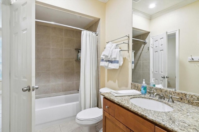 full bathroom featuring crown molding, shower / bath combo, tile patterned floors, toilet, and vanity