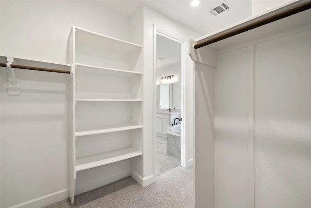 walk in closet with light colored carpet