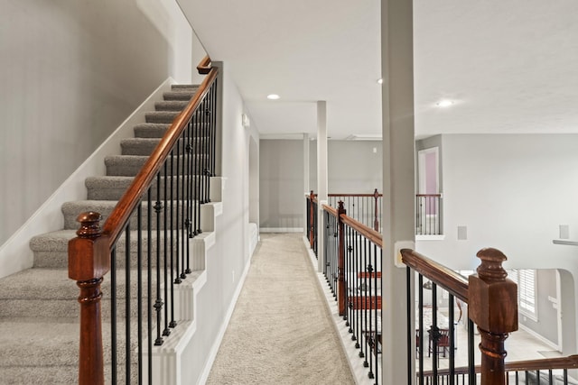 staircase featuring carpet flooring