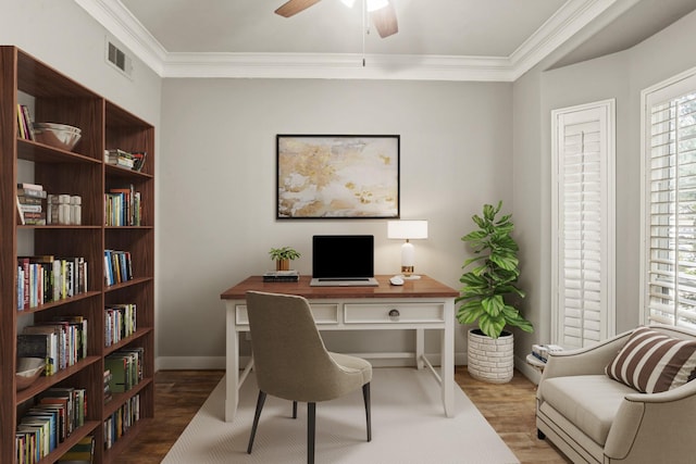 home office with hardwood / wood-style flooring, crown molding, a healthy amount of sunlight, and ceiling fan