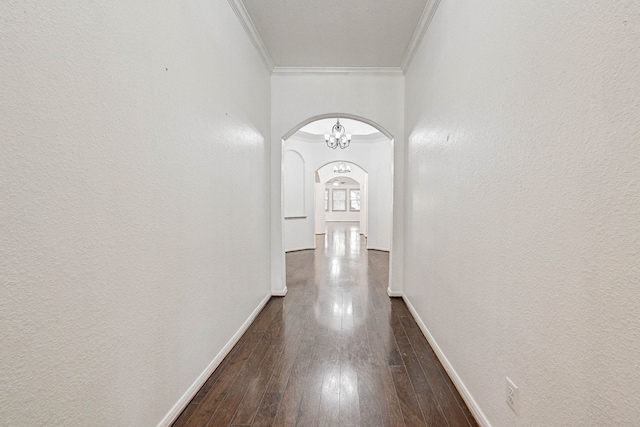 hallway featuring ornamental molding and dark hardwood / wood-style flooring