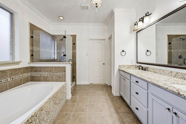 bathroom with vanity, crown molding, separate shower and tub, and tile patterned flooring