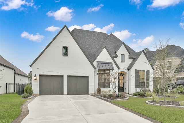 french country home featuring a garage and a front yard