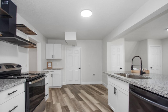 kitchen with extractor fan, dishwasher, white cabinetry, sink, and stainless steel range with electric cooktop