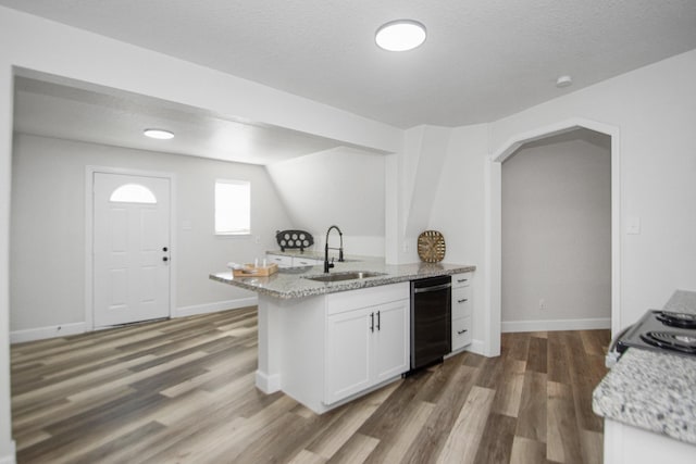 kitchen with hardwood / wood-style floors, white cabinetry, black dishwasher, sink, and light stone counters