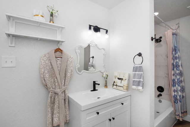 bathroom with vanity and shower / tub combo with curtain