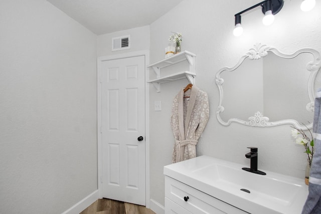 bathroom with hardwood / wood-style flooring and vanity