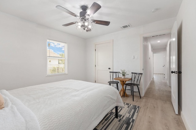 bedroom featuring ceiling fan and light hardwood / wood-style flooring