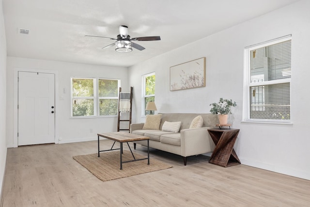 living room featuring ceiling fan and light hardwood / wood-style floors