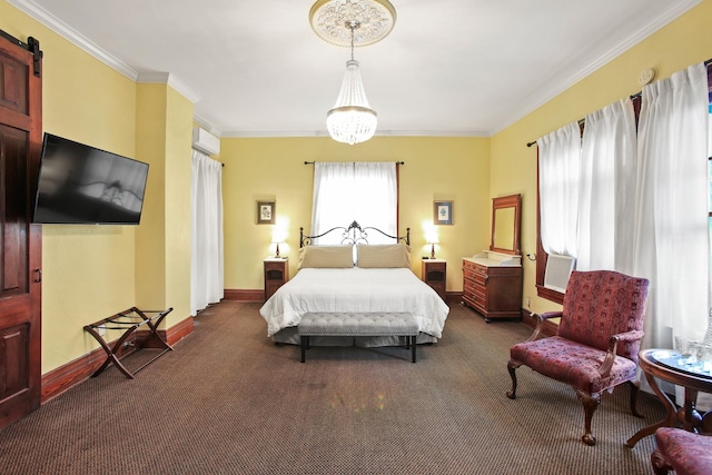 carpeted bedroom with an AC wall unit and ornamental molding