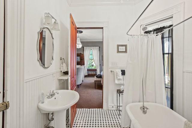 bathroom featuring sink, crown molding, and shower / tub combo