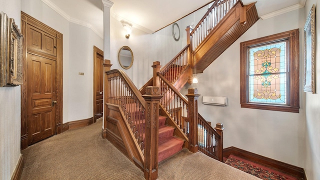 staircase featuring carpet and crown molding