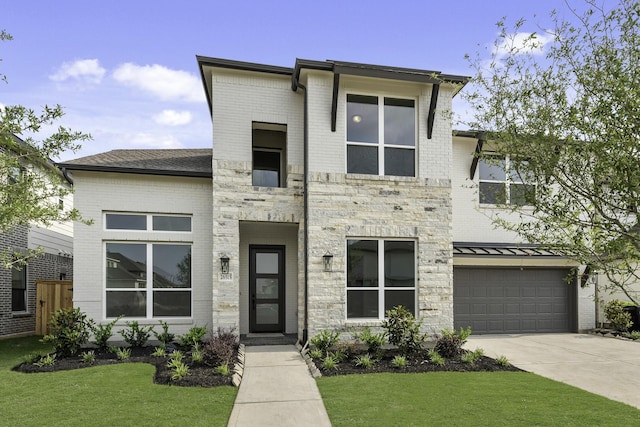 26515 Castra Crescent Trl, Richmond, TX 77406 - view of front facade with concrete driveway, an attached garage, a front lawn, and brick siding
