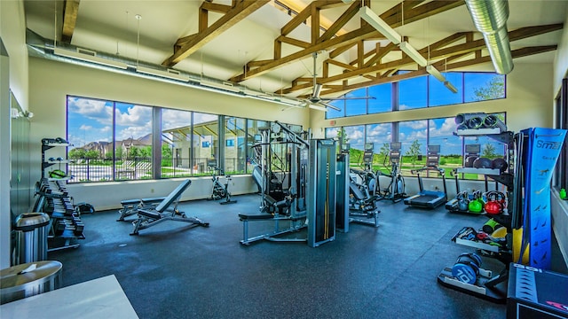 26515 Castra Crescent Trl, Richmond, TX 77406 - exercise room featuring high vaulted ceiling and beam ceiling