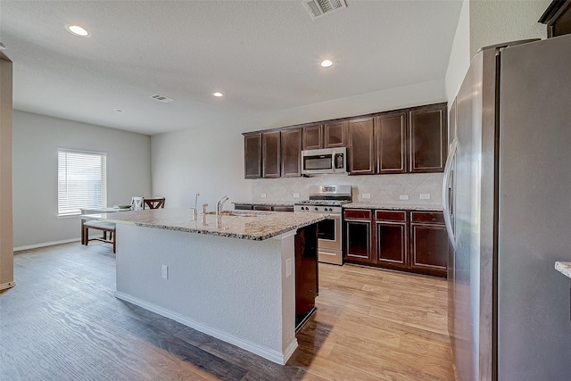 kitchen with appliances with stainless steel finishes, sink, light hardwood / wood-style flooring, backsplash, and an island with sink