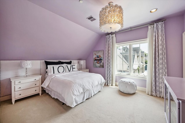 bedroom with light carpet and vaulted ceiling