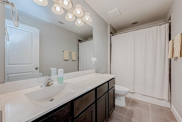 full bathroom featuring vanity, toilet, shower / bath combination with curtain, and tile patterned flooring