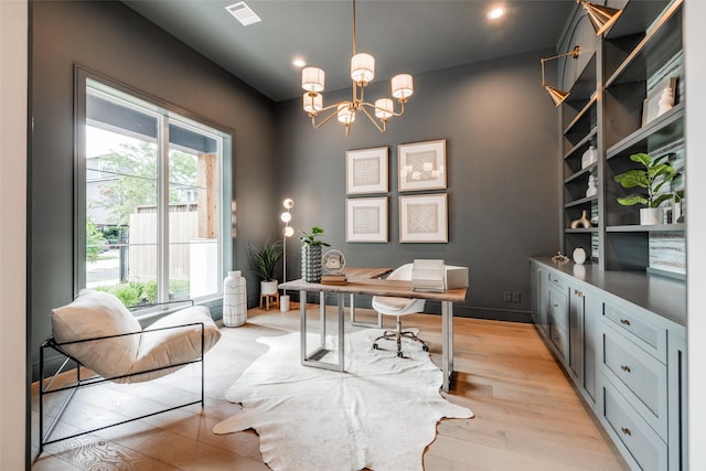 2231 Colquitt St, Houston, TX 77098 - office featuring a chandelier, light wood-style floors, and recessed lighting