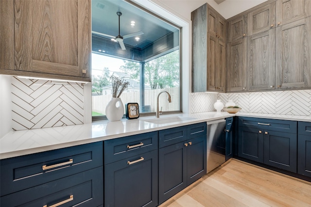 2231 Colquitt St, Houston, TX 77098 - kitchen with a sink, stainless steel dishwasher, tasteful backsplash, blue cabinets, and light countertops