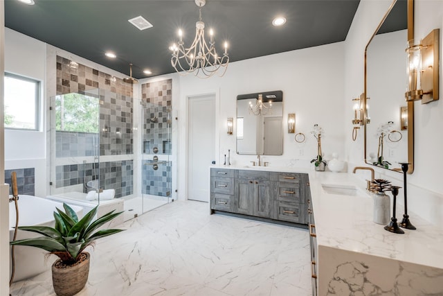 2231 Colquitt St, Houston, TX 77098 - full bathroom featuring a chandelier, a shower stall, vanity, recessed lighting, and a tub to relax in