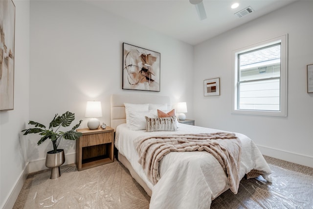 2231 Colquitt St, Houston, TX 77098 - bedroom with baseboards, light carpet, and ceiling fan