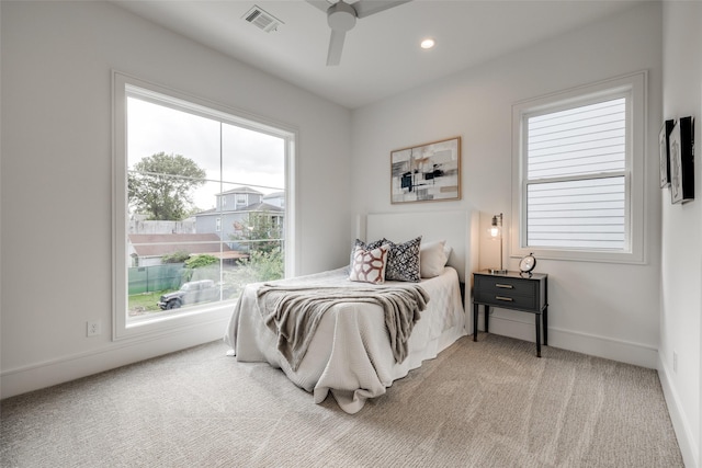 2231 Colquitt St, Houston, TX 77098 - bedroom featuring light colored carpet, baseboards, a ceiling fan, and recessed lighting