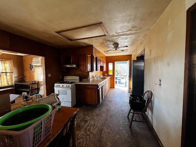 kitchen featuring refrigerator, sink, white range with gas stovetop, dark hardwood / wood-style flooring, and ceiling fan