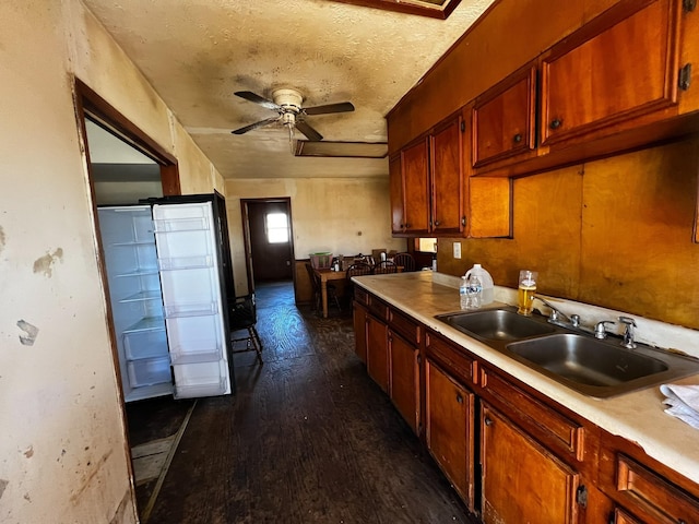 kitchen featuring sink, a textured ceiling, dark hardwood / wood-style floors, and ceiling fan