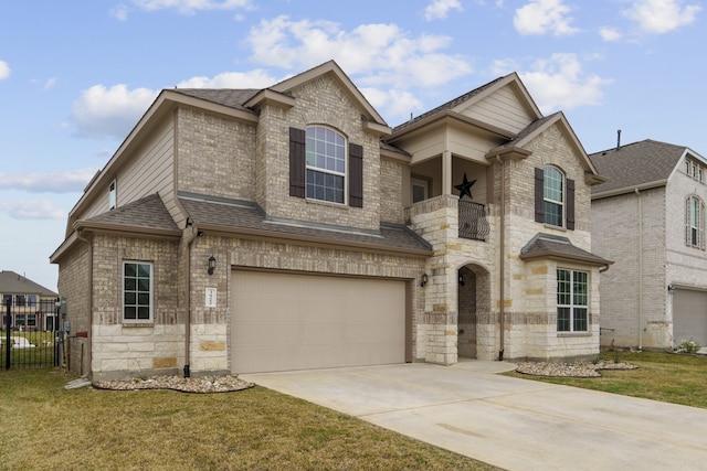 view of front of house with a balcony, a garage, and a front lawn