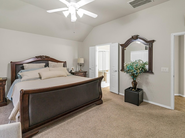 carpeted bedroom featuring lofted ceiling and ceiling fan