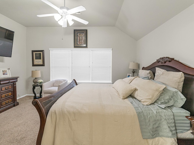 bedroom with lofted ceiling, carpet floors, and ceiling fan