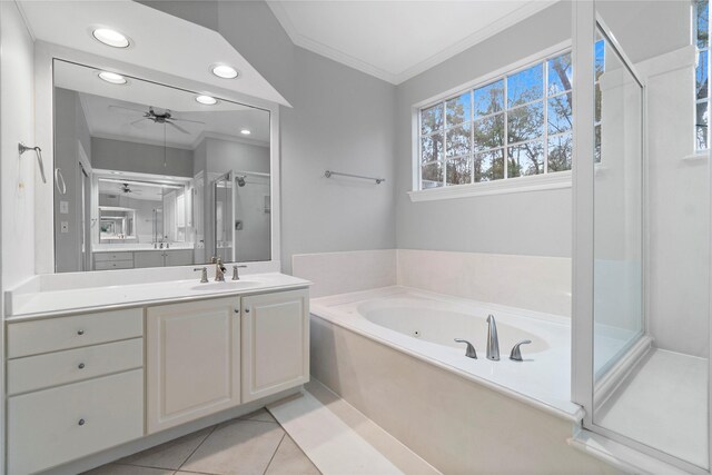 bathroom with ornamental molding, vanity, ceiling fan, plus walk in shower, and tile patterned flooring