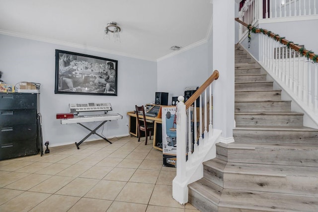 stairs featuring tile patterned flooring and ornamental molding