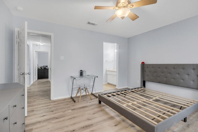 bedroom featuring ensuite bathroom, ceiling fan, and light wood-type flooring